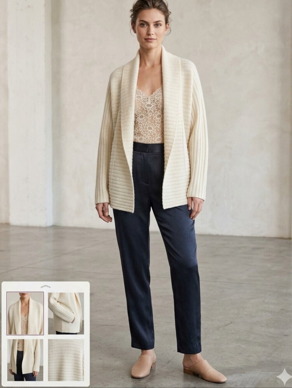 Isabella Bird Women Ivory Wool Blend Long Sleeve Open Front Ribbed Cardigan SZ S